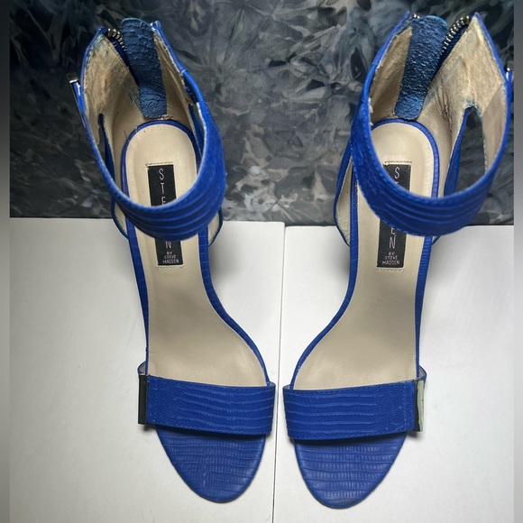 Steven Steve Madden Ankle Strep Blue Leather Snakeskin print Heels 8.5 - Picture 4 of 11